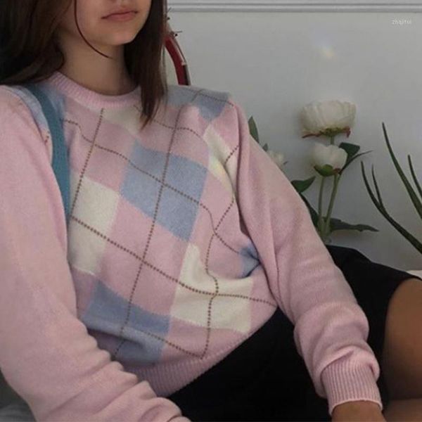 

women's sweaters autumn pink argyle knitted sweater long sleeve o-neck female pullover simple school sweet all-match loose lady, White;black