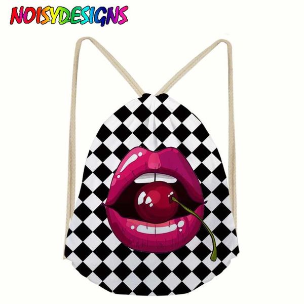 

backpack noisydesigns drawstring bag backpacks black lattice lip with cherry printing rucksack fashion mochila feminina
