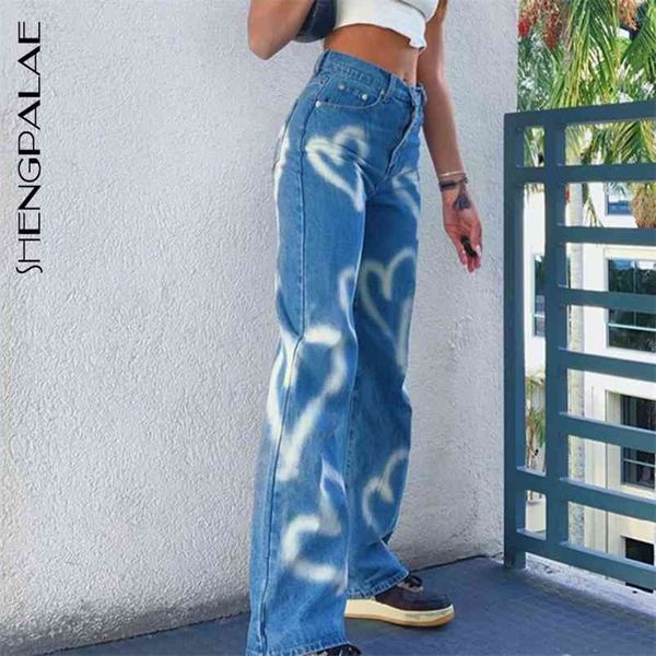 

autumn winter women's jeans high waist slim love graffiti print straight casual streetwear cowboy pants 5a65 210427, Blue