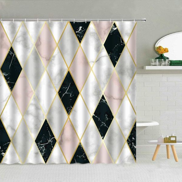 Cortinas de chuveiro moderno moderno rosa dourado preto preto cor de mármore corporina geométrica decoração de banheiro 3d tecido impermeável