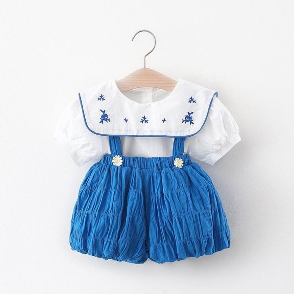 

clothing sets summer girls 2pcs clothes set infants baby kids children short sleeve embroidery t-shirt+overalls shorts pants s12539, White