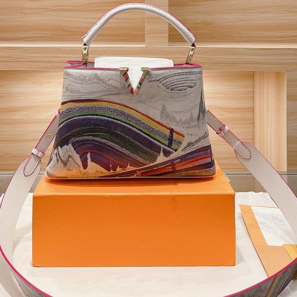 

women capucines handbag lady tote crossbody bag colorful painting litchee genuine leather hand bags fashion letter flap handcraft removable