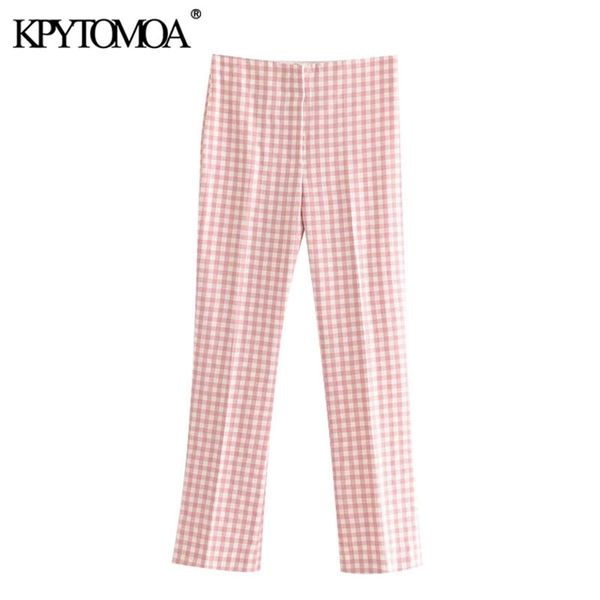 

women chic fashion plaid flare pants vintage high elastic waist zipper fly female ankle trousers pantalones mujer 210420, Black;white