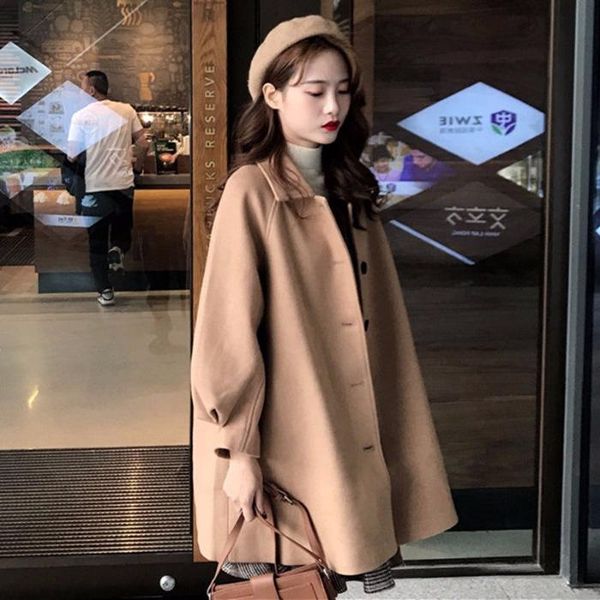 

women's wool & blends autumn spring woolen coat korean style fashion lapel outwear single breasted long sleeve solid loose jacket, Black