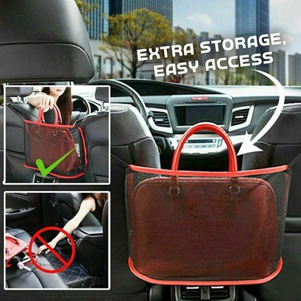

car organizer universal storage bag net pocket handbag seat side flexible black&red