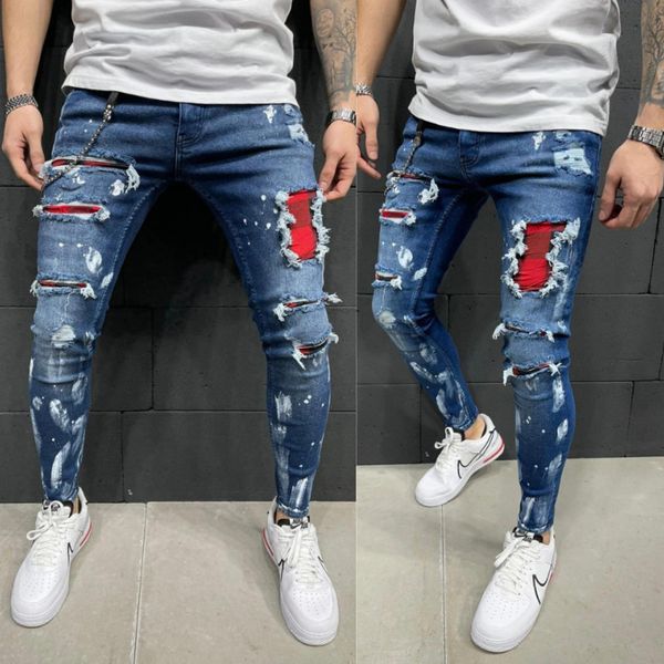 

men's torn hip hop tight harlan street casual motorcycle hole jeans, 2021, Blue
