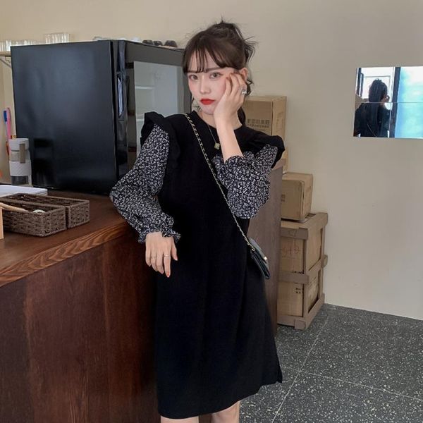 

autumn winter stitching fake two-piece floral puff sleeve long dress dresses for women vestido de mujer casual, Black;gray