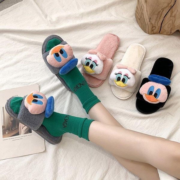 

cute big-mouth duck slippers female furry flip flops for fall and winter at home women, Black