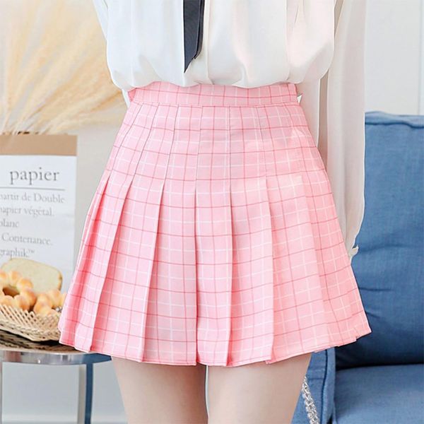 

plaid printed pleated fashion women skirt high waist a line summer casual mini, Black
