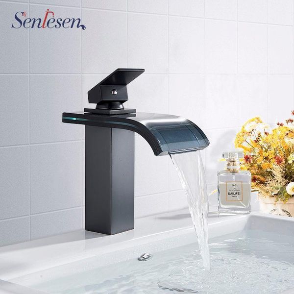 

senlesen black bathroom faucet led waterfall spout basin mixer tap sink faucets1