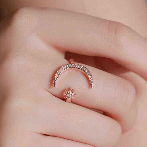 

crescent ring fashion star and moon ring national wind star moon index finger open ring g1125, Slivery;golden