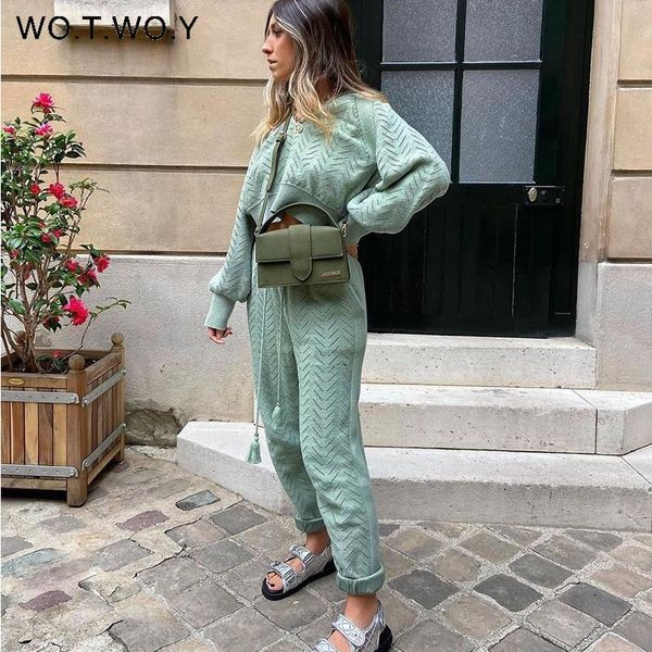 

women's two piece pants wotwoy autumn winter v-neck knitted sweater and 2 pieces sets women casual loose pullovers female pink outfits, White