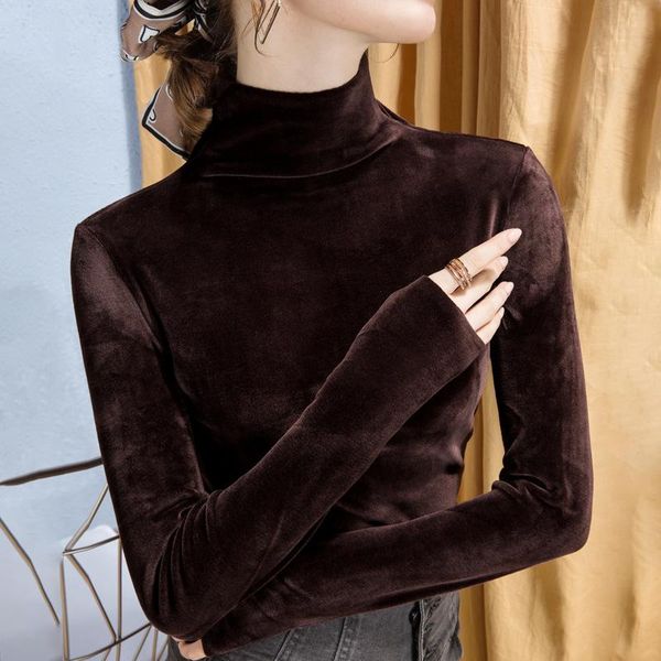 

women's t-shirt winter turtleneck keep warm t shirts woman long sleeve casual tshirt thick fashion velvet all match simple female t-sh, White