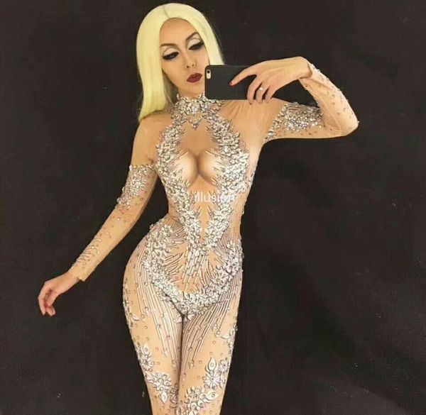 

women's jumpsuits & rompers big rhinestones stretch nude jumpsuit women bodysuit stage performance party celebrate bright costume dance, Black;white