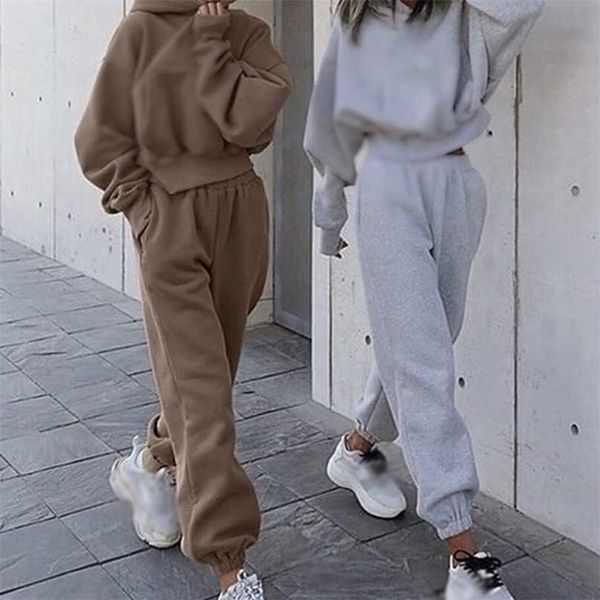 

women's jogger tracksuit solid cropped hoodie set drawstring long sleeve hooded female sport pants suit autumn casual streetwear 211126, White