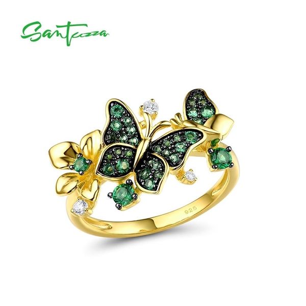 

santuzza silver ring for women 925 sterling butterfly gold color shiny green spinel elegant trendy party fine jewelry 211217, Slivery;golden