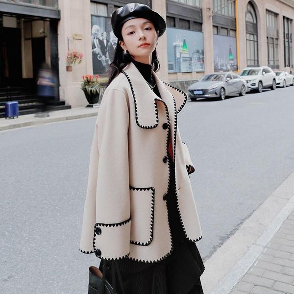 

women's wool & blends navy collar camel woolen coat long winter fashion hepburn double-sided, Black