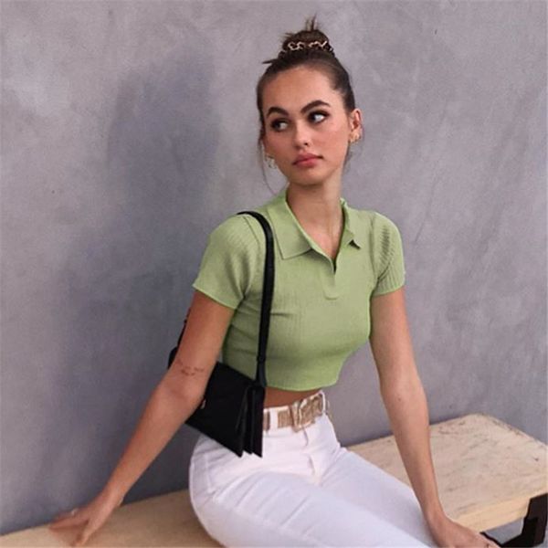 

heyoungirl casual knitted crop t shirt women short sleeve woman tshirt tees korean fashion turn-down collar t-shirt ladies, White
