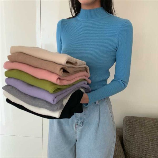 

women's sweaters autumn winter classic long sleeve half high collar solid color casual tunic pullover knitted slim, White;black
