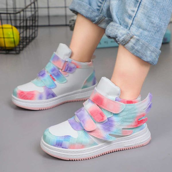 2021 Kinder Herbst Winter Chunky Sneakers mit Flügeln Jungen Mädchen Bunte karierte Schuhe Platform Schuhe für Kinder E08065 G1025