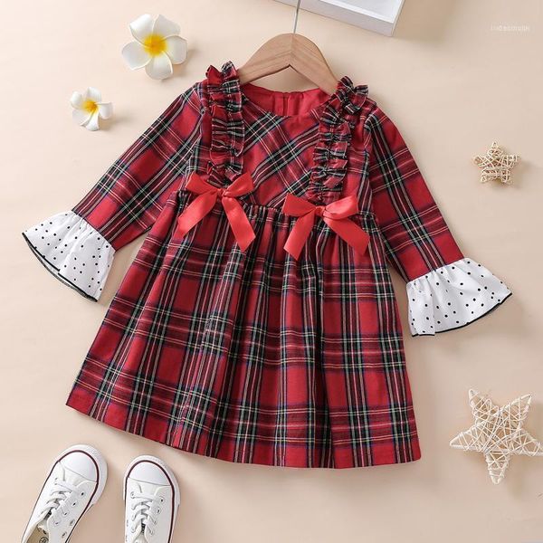 

girl's dresses baby girls christmas sister outfit plaid & dot print long sleeve round neck ruffle pullover/dress with bowknot shorts ha, Red;yellow