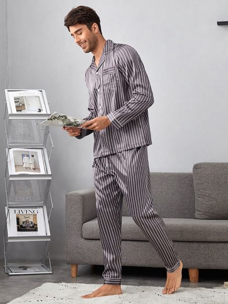

men striped patched pocket satin pj set g6ni#, Black;brown