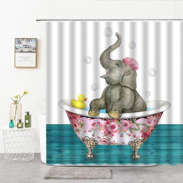 

shower curtains cartoon animal with hook elephant bathing take a bath 3d curtain children's room decor bathroom supplies