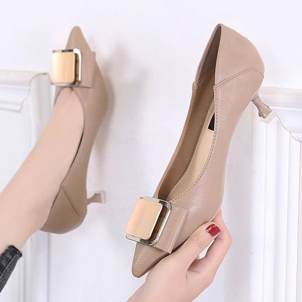 

dress shoes women square buckle thin high heels ladies spring slip on shallow mouth single bow-tie pointed toe pumps woman, Black