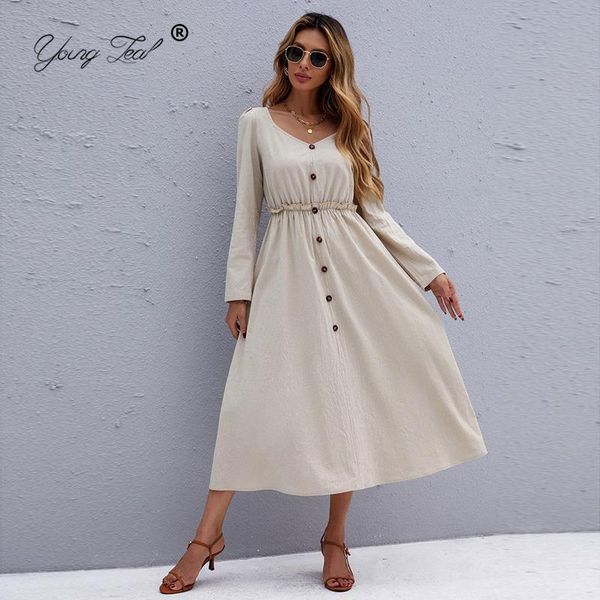 

casual dresses spring autumn khaki long dress women 2021 button v-neck sleeve ladies slim elastic waist street a-line, Black;gray