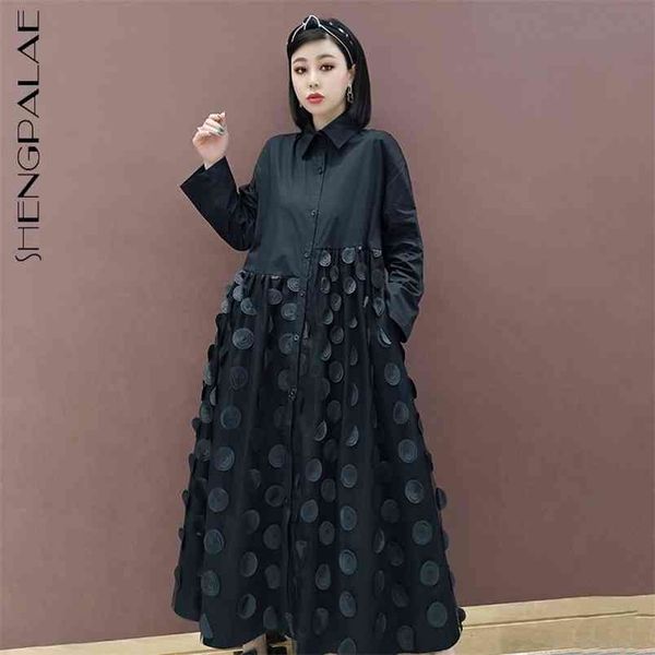 

shengpllae elegant shirt dress women's spring lapel loose single breasted long sleeve mid-calf dresses female 5c256 210427, Black;gray