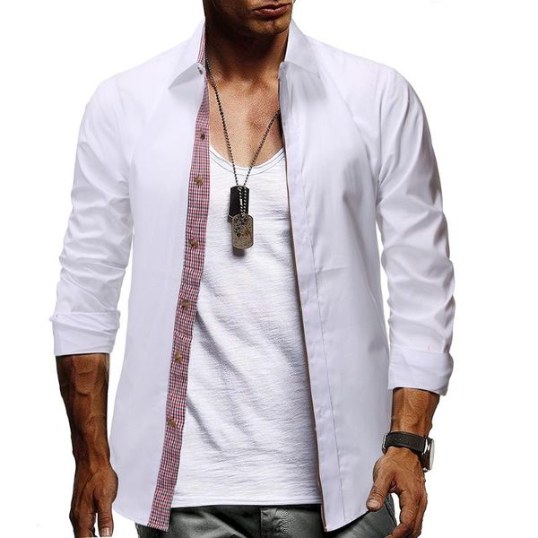 

men's casual shirts white luxury long sleeve plaid printing lining button down for men, White;black