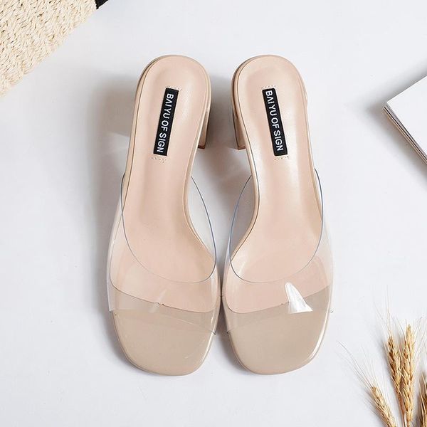 

female med transparent slippers shoes square heel low slides fashion 2021 block luxury fabric rome rubber pu hoof heels basic, Black