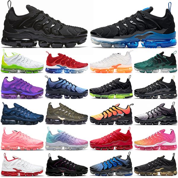 

wholesale tn plus running shoes men black white volt sunset cherry all red cool wolf grey neon gree olive camo usa dark grape mens womens tr