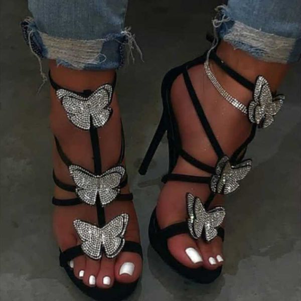 

bling diamonds butterfly decor summer women sandals luxury thin high heel shoes ankle strap fashion roman gladiator, Black
