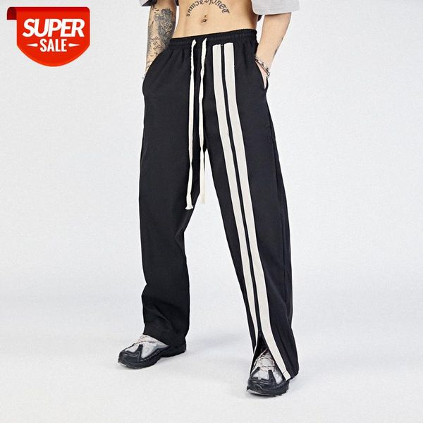 

hip-hop color contrast striped stitching trousers men's street flow zipper split sports casual pants #t84v, Black