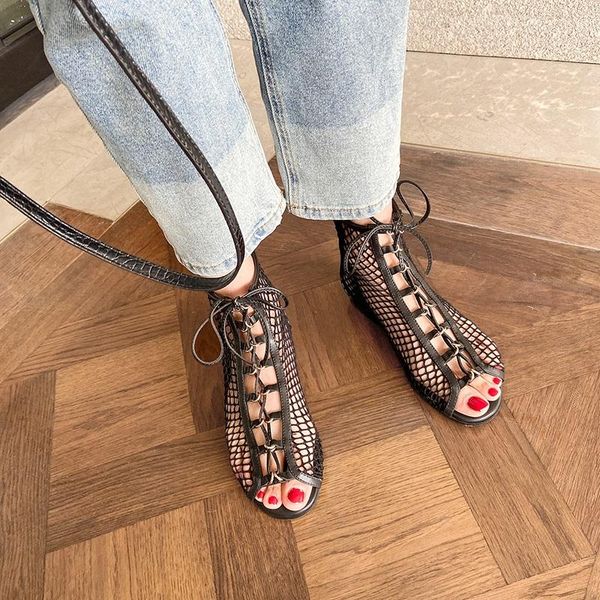 

gladiator sandals women summer flat shoes open toe girls footwear breathable mesh sandalias botas femininas, Black