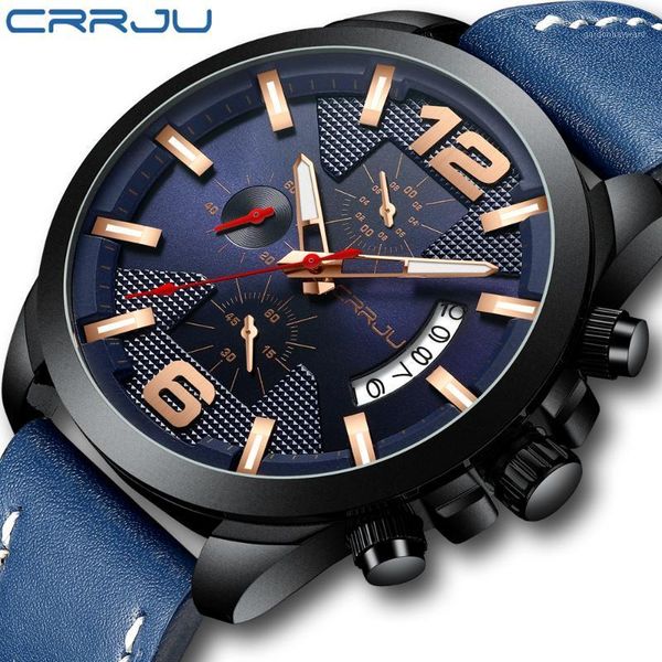 

wristwatches crrju watch chronograph sport mens watches quartz clock leather male wristwatch relogio masculino fashion gift for men, Slivery;brown