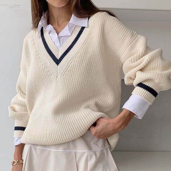 

sweaters women vintage v-neck daily oversized girls knitwear fall casual all-match lady sweater outwear, White;black