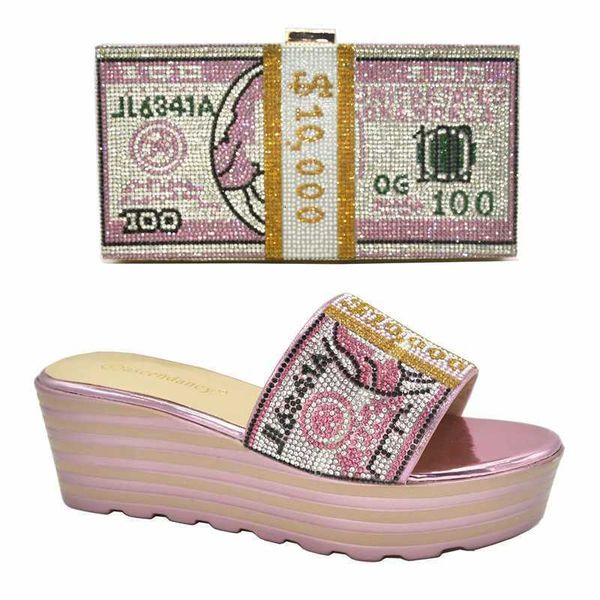 

money cute and versatile muffin shoes thick soled hand bag dinner fashion slippers with rhinestone, Black