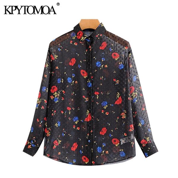 

kpytomoa women fashion floral print loose blouses vintage long sleeve see through female shirts blusas chic 210401, White