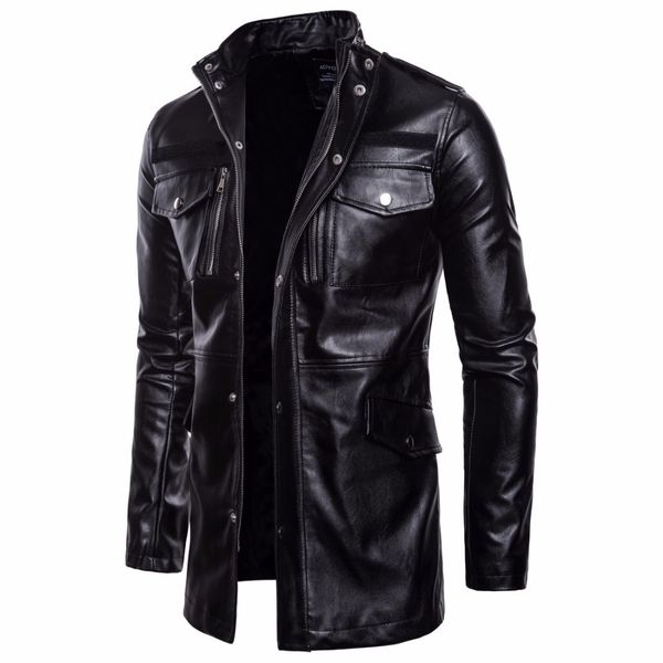 

mens mid long leather jacket men spring autumn motorcycle biker leather jackets coats male windbreaker black outwear