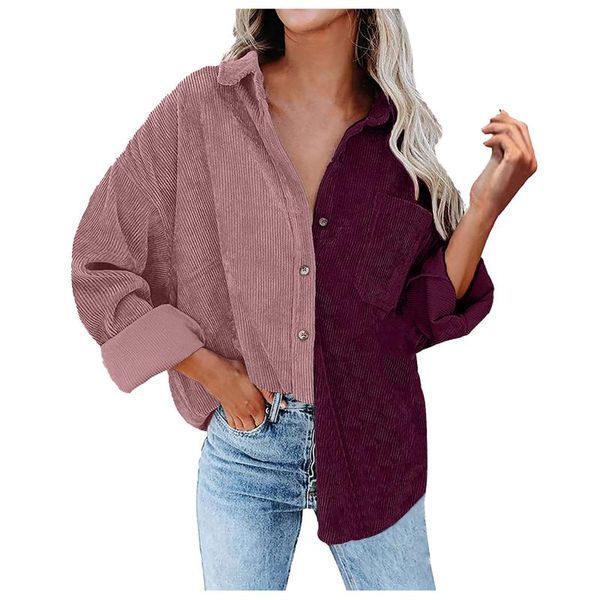 

women's jackets autumn and winter loose corduroy color blocking long-sleeved shirt jacket korean plus sweatshirt streetwear, Black;brown