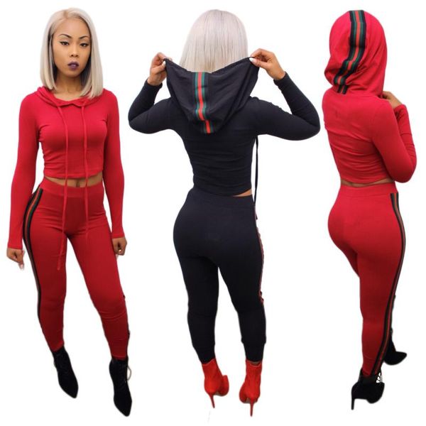 

wy6392 sports goddess european and american fashion ribbon stitching hood two piece pantsuit women's pants, White