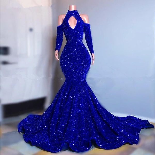 

plus size royal blue sequins mermaid evening dresses high neck long sleeve party gowns red carpet fashion prom formal wear, Black;red