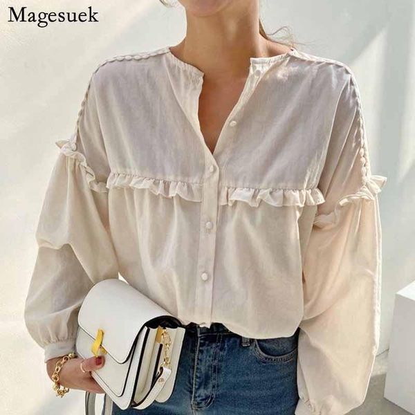 

women's blouses & shirts spring vintage loose solid ruffled shirt long sleeve o neck white women blouse casual button female 11269