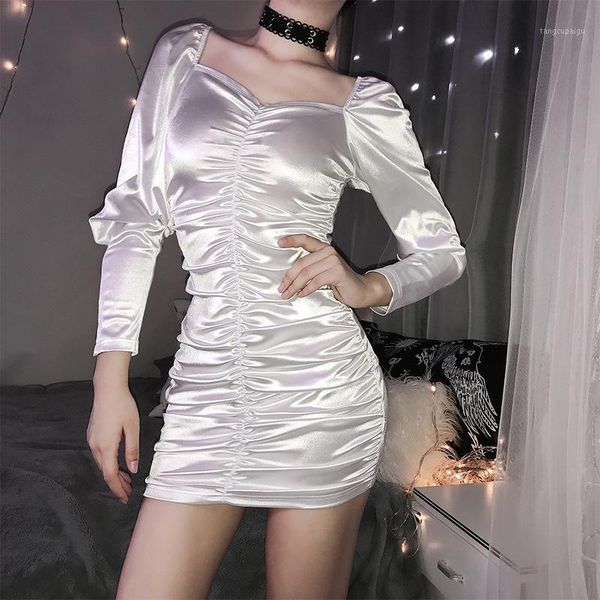 

casual dresses women winter dress 2021 arrivals long sleeve square collar stain pleated white solid party vestidos, Black;gray
