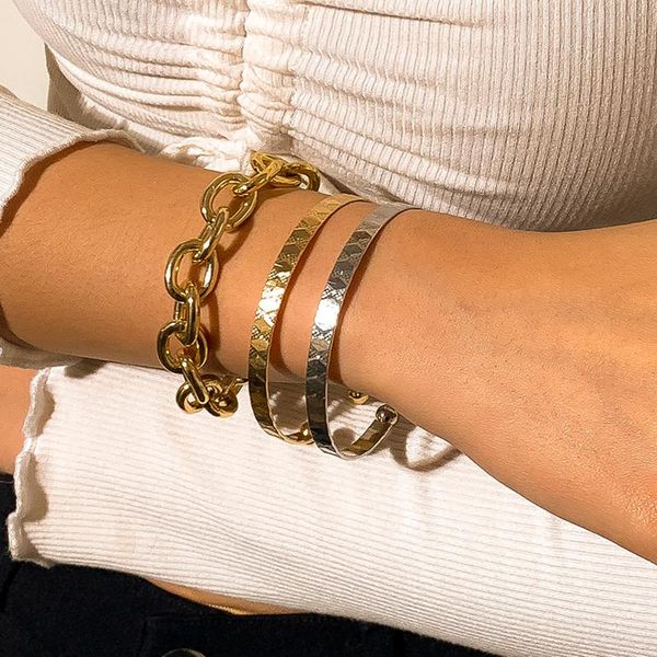 

link, chain punk 3pcs/set hip hop chunky thick curb cuban bracelets bangles metal cuff open bracelet & bangle jewelry pulseira feminia, Black