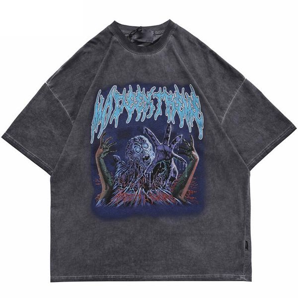 

men hip hop oversize washed t-shirt 2021 streetwear monster print t shirt harajuku cotton loose summer short sleeve tshirt gray men's t, White;black