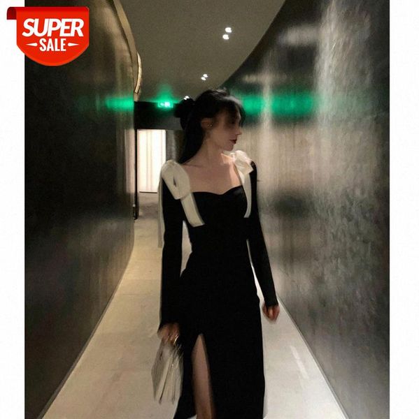 

korean retro hepburn style annual meeting dress skirt female product was thin, small black with split ends #523r, White;black