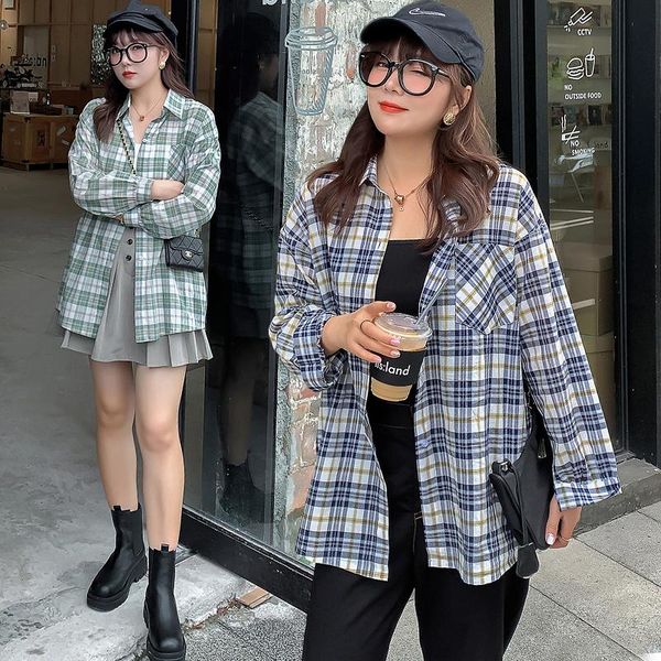 

chubby girl women's plus size plaid shirts autumn hongkong chic vintage style contrast lightweight long sleeves y153 blouses &, White